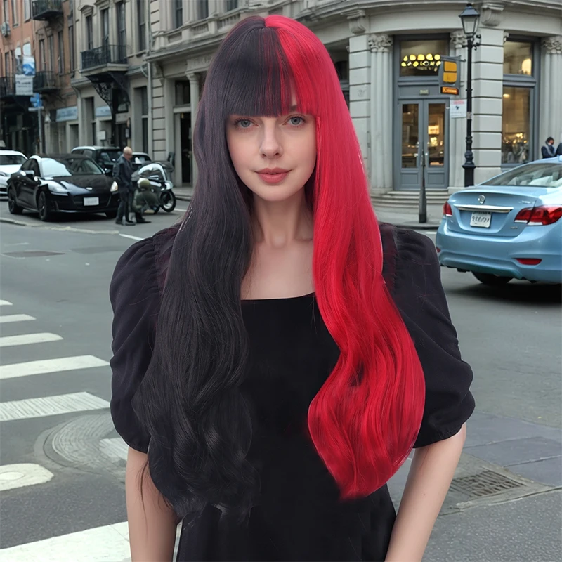 Shawl Long Hair Microwave Wave with Bangs Gradient Red and Black Women's Dress up Wig Soft Synthetic Heat-Resistant and Durable Suitable for Daily Dress up Wear and Party Cosplay Wig Party Supplies Hair Style Dress up Role-Playing Wig Costume Holiday Party Interesting Roleys