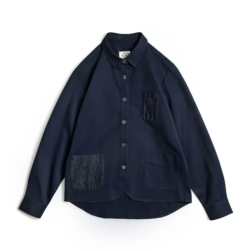 Maden Denim Pocket Patchwork Shirt for Women Long-sleeved Casual Jacket Navy Blue Cotton Shirt Fall Blouses Streetwear Tops