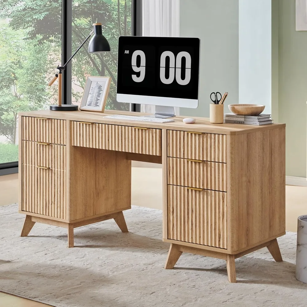 

60'' Fluted Executive Desk with Drawers,Modern Computer Desk with Charging Station,Keyboard Tray,File Drawer and Storage Cabinet
