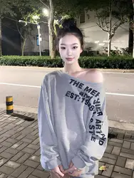 Autumn and winter women's high-grade sense of temperament 100 letters round neck hoodie loose two wear off-shoulder clothes