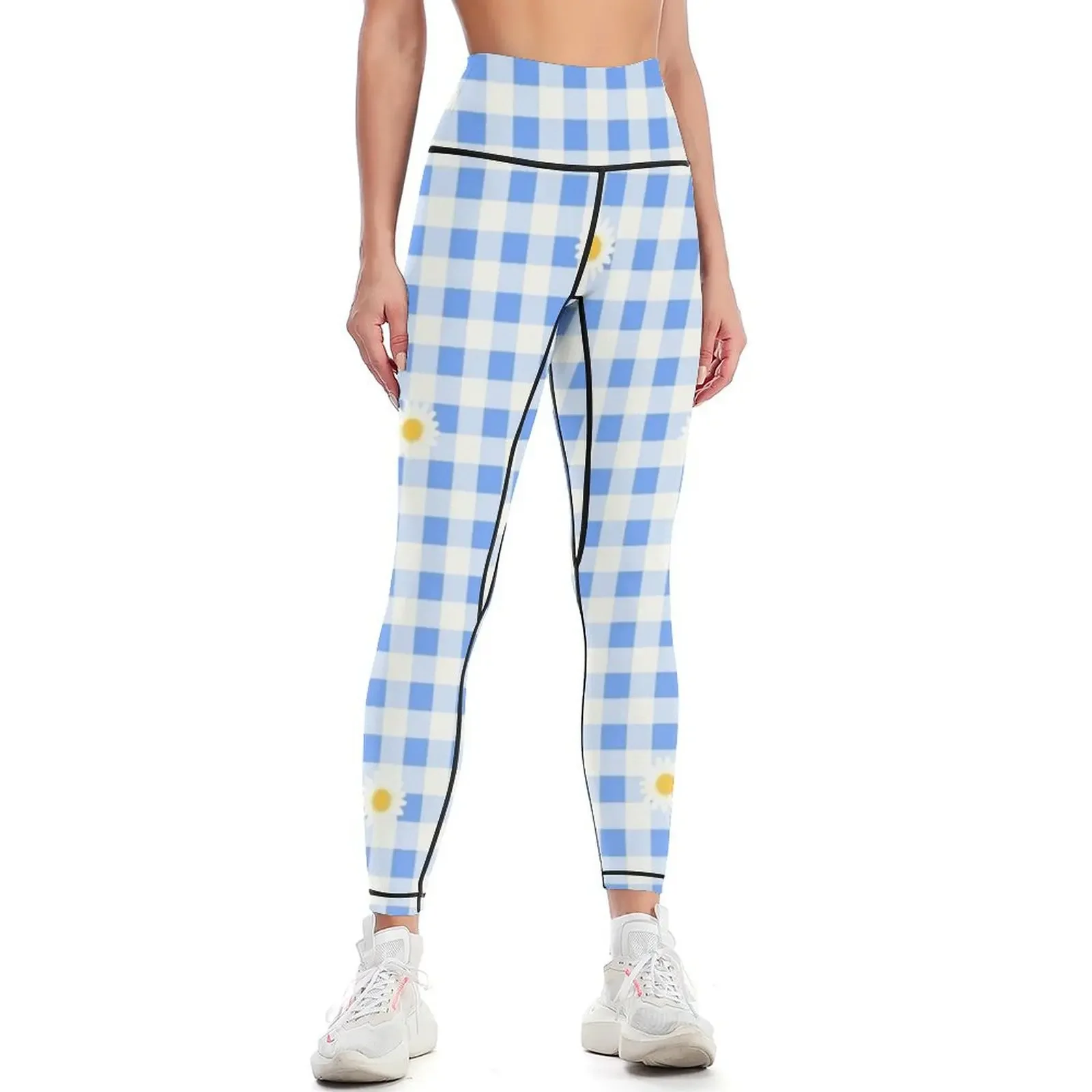 

Gingham and Daisies - blue and white Leggings sport pants active wear gym top Womens Leggings