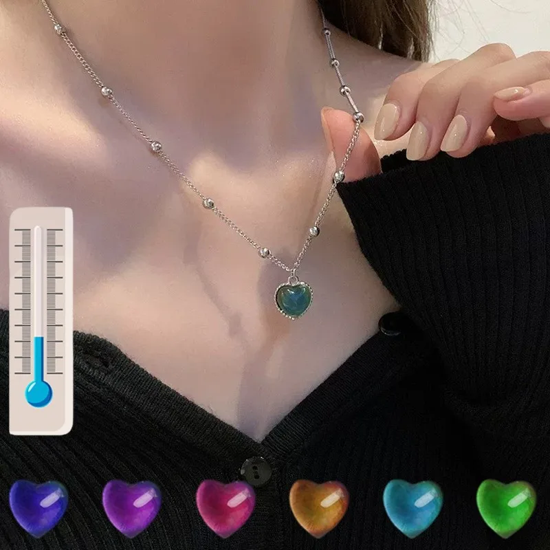 Heart Mood Locket Necklace Color Changing Necklace Temperature Mood Stainless Steel Love Shape Photo Pendant Necklace Jewelry