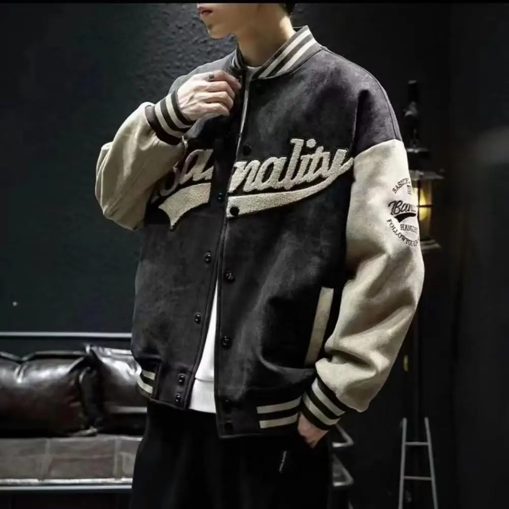 Men Suede Baseball Coat Stand Collar Long Sleeve Single Breasted Jacket Embroidery Letter Print Patchwork Color Outwear