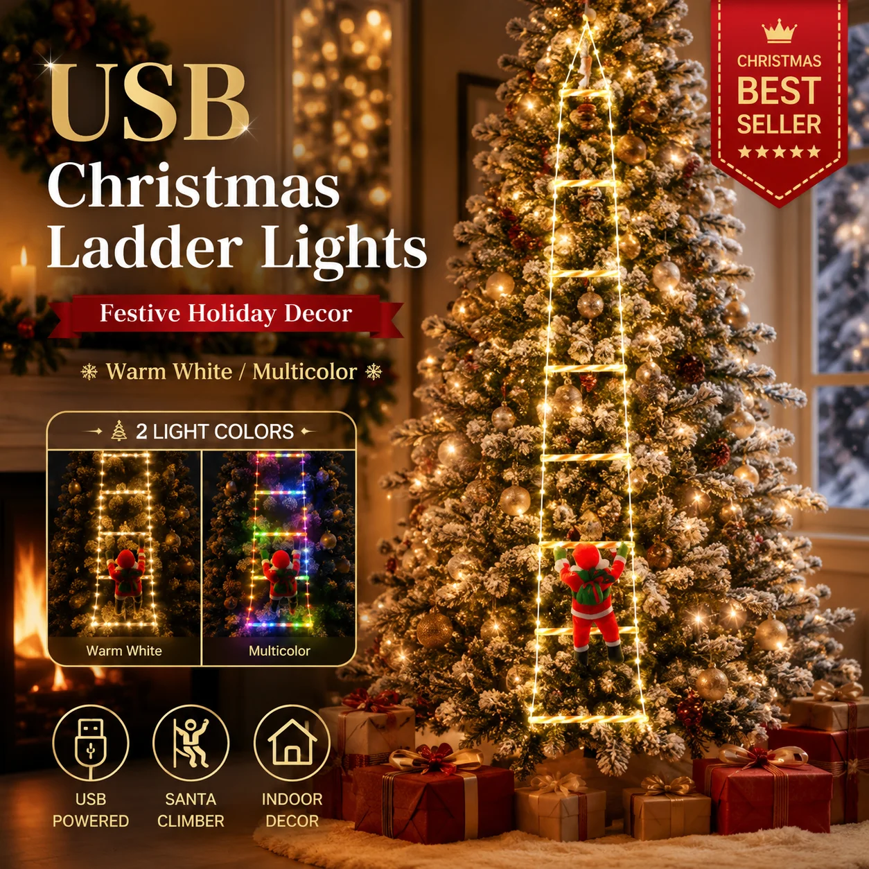8 Modes USB Christmas Ladder Lights Santa Climbing LED String Light Warm White Multicolor Xmas Tree Wall Window Holiday Decor