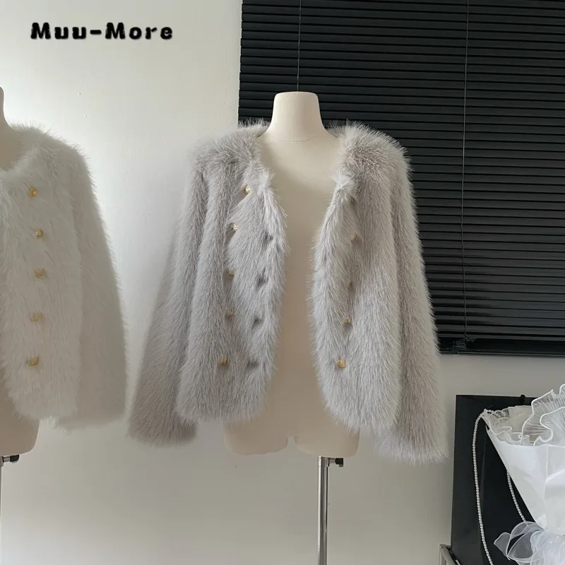 Haut en fourrure à double boutonnage à manches longues pour femmes, veste d'extérieur respirante, faux manteau monochrome, optique chaude, luxe décontracté, hiver, 2023