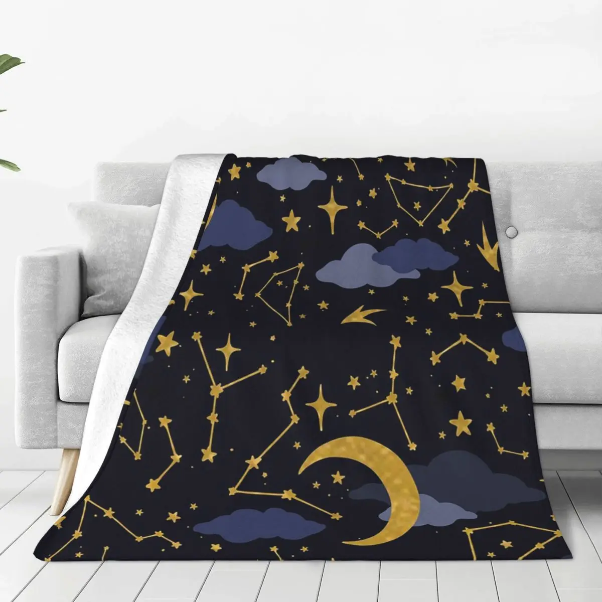Night Sky Golden Celestial Stars Zodiac Constellations Blankets Soft Warm Flannel Throw Plush for Bed Picnic Travel Home Couch