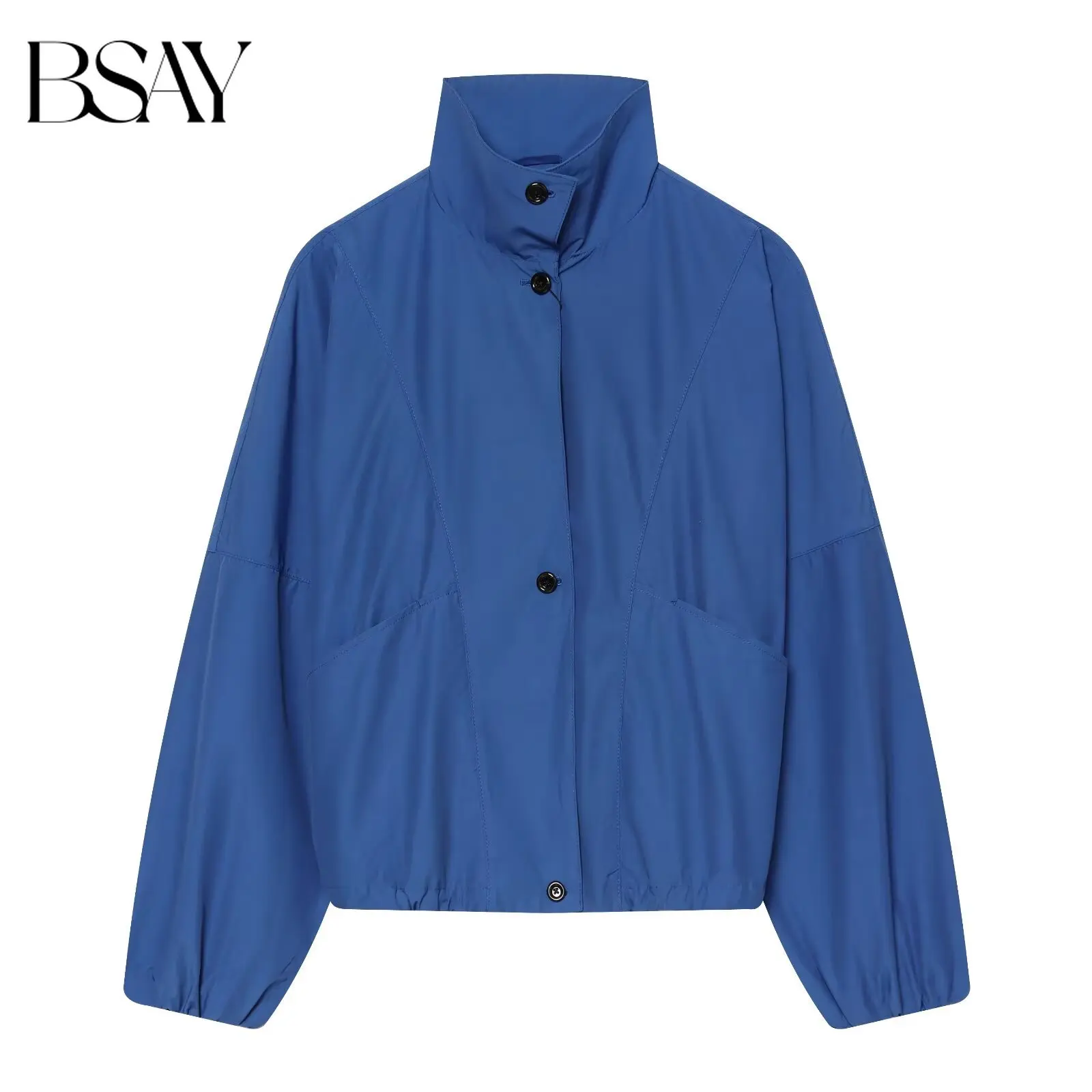 BSAY Damen Herbst Stehkragen Kurze Fliegerjacke mit Knopfverschluss Vorne Große Taschen Lange Ärmel Einfarbige Freizeitjacke