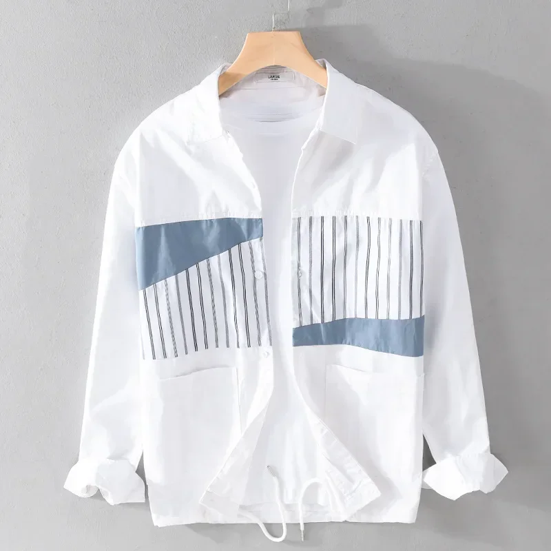 

Japanese Fashion Streetwear Mens Long Sleeve Shirt Stripe Spliced Tops Drawstring Designer Shirt Youth Pure Cotton Casual Jacket