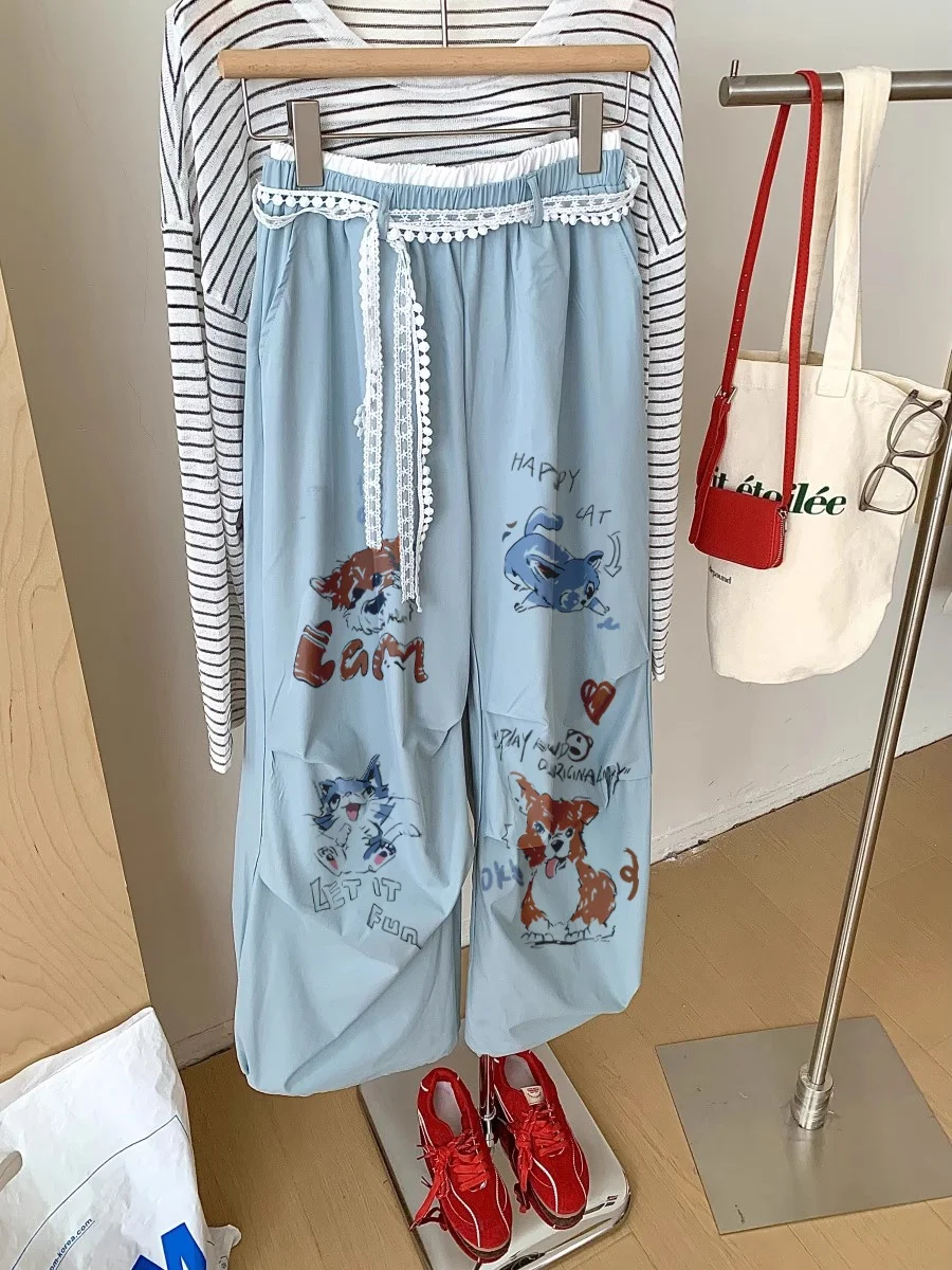 Pantalon de travail taille haute pour hommes et femmes, coupe ample, été, coréen, Sle Dstring, couleur, imprimé Blo, Long