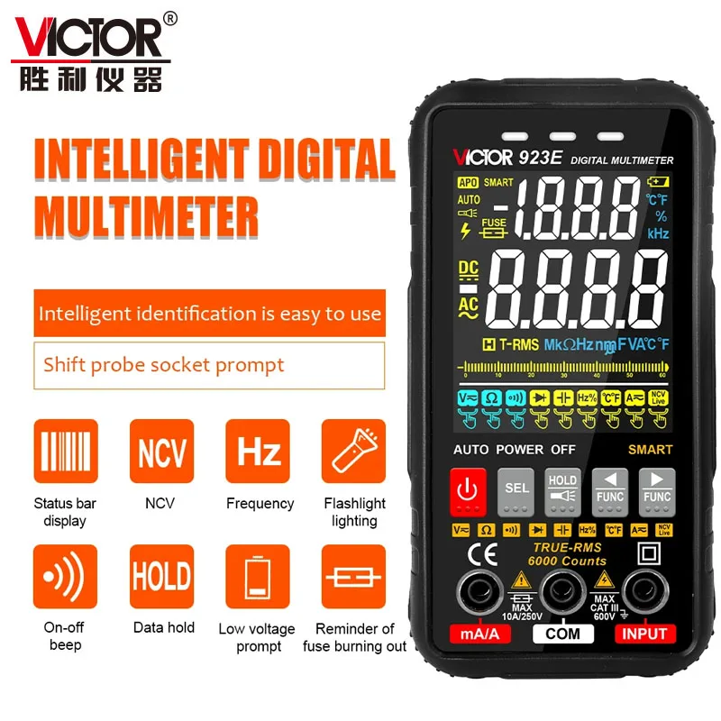 

Victor Digital Multimeter Colorful Screen 6000 Counts Voltage Current Amperes Resistance Capacitance Temperature Smart Test