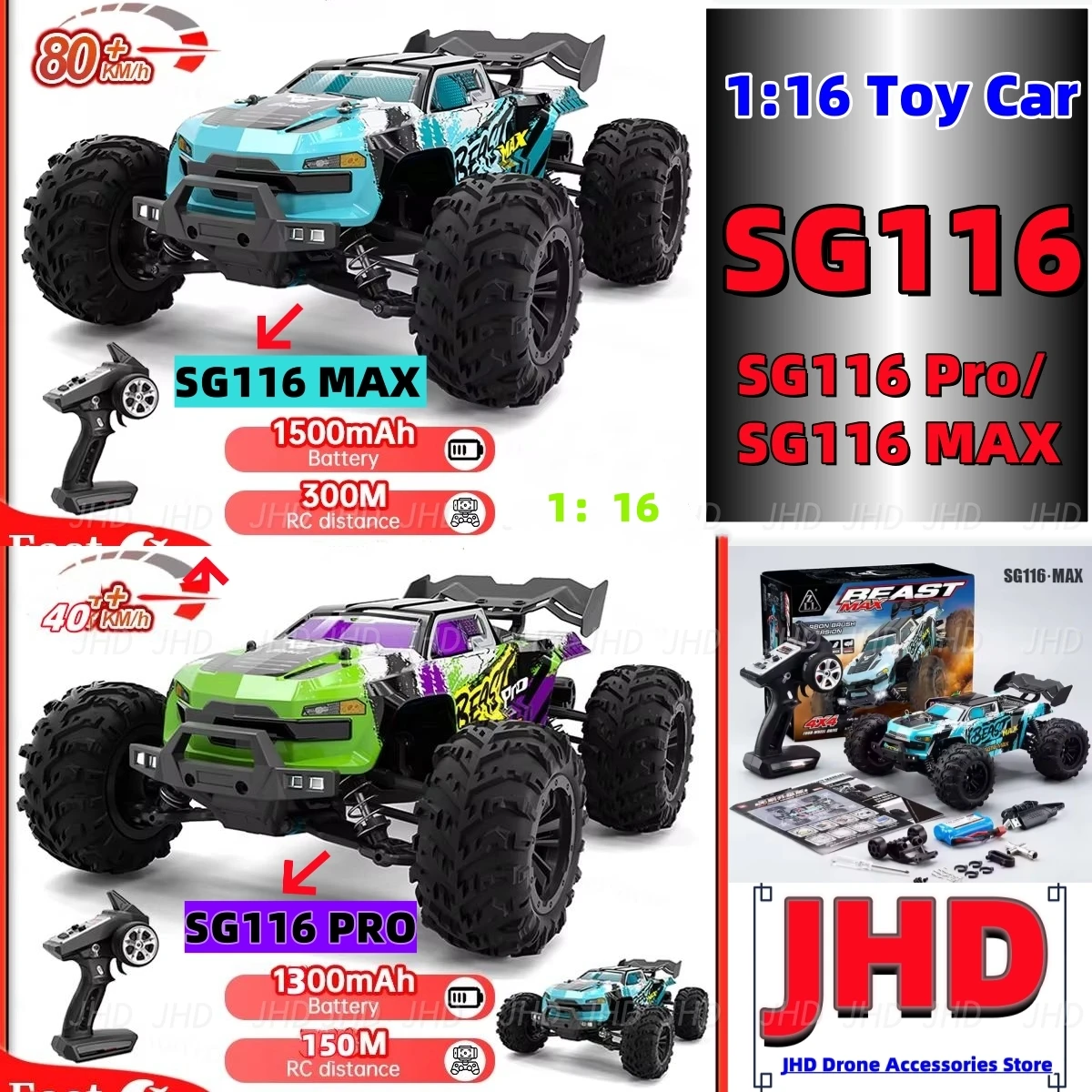 JHD SG116 MAX Car 1:16 High Speed Drift Racing 80KM/H Brushless Motor 4WD SG116 Pro 40KM/H RC Car SG116MAX Toys Car Gifts