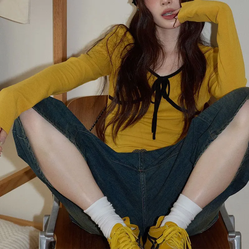 

Aura Casual V-Neck Drawstring T-shirts Autumn New Solid Color Female Clothing Fashion Spliced Korean Slim Long Sleeve Pullovers