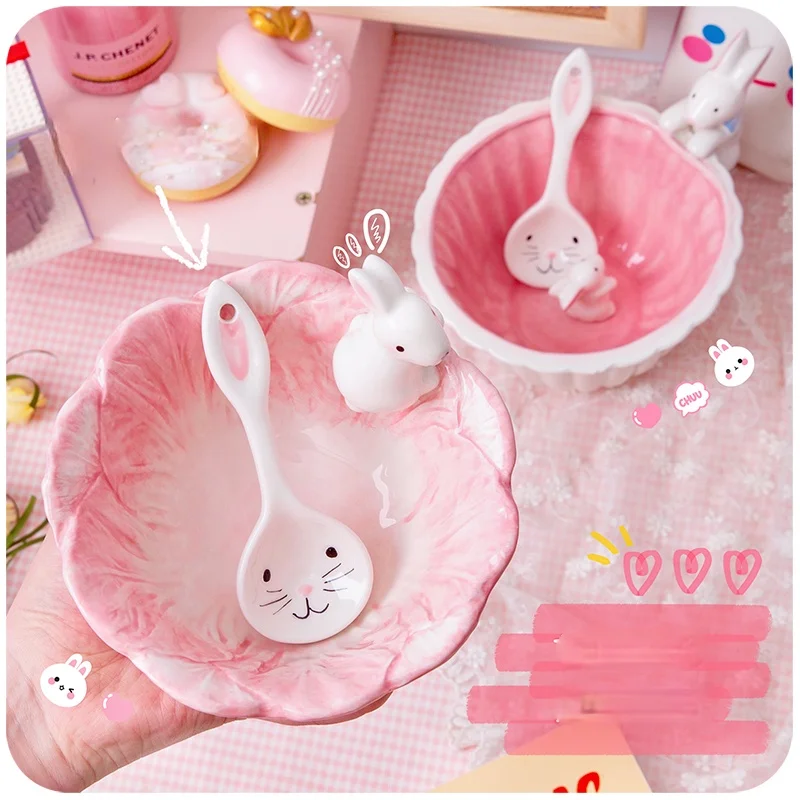 GY Girl Heart Rabbit Small Bowl Cereal Cute Ceramic Rice Bowl Dessert Korean Style Household Tableware for One Person