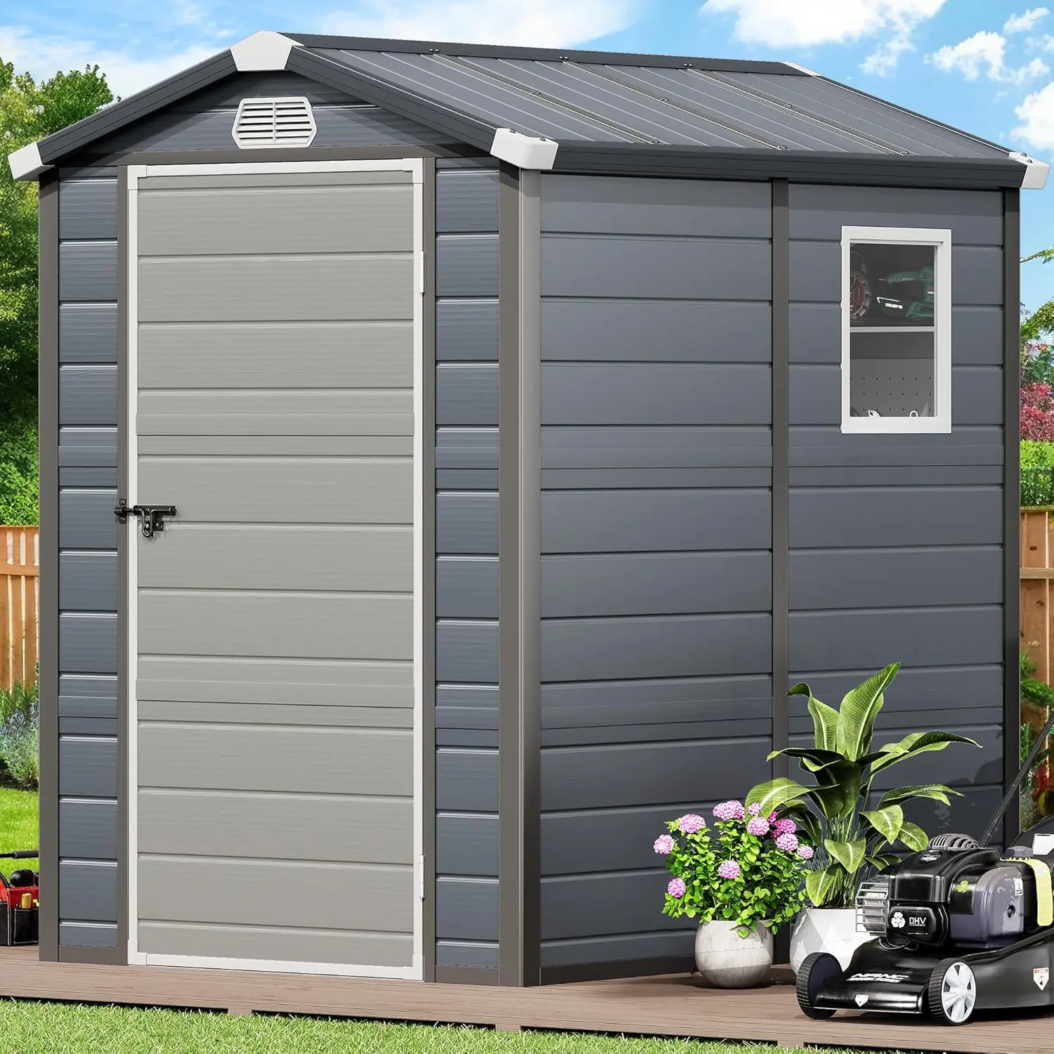 

4.4x6.2FT Outdoor Resin Storage Shed w/o Floor, All-Weather Plastic Shed with Lockable Doors, Window & Vents