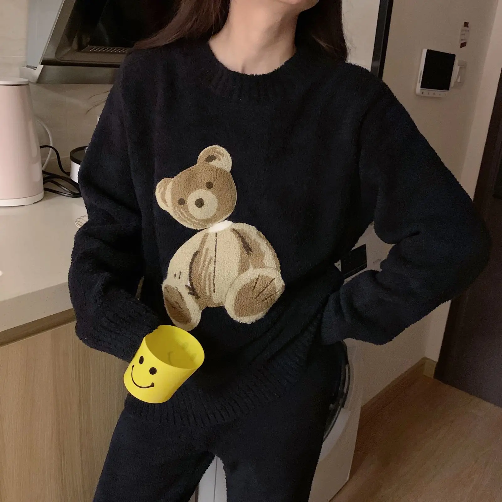 

Милые пижамы для пары с мишками, мягкие, пушистые, утепленные, домашняя одежда с длинным рукавом и круглым вырезом, удобная для сна, для осени и зимы
