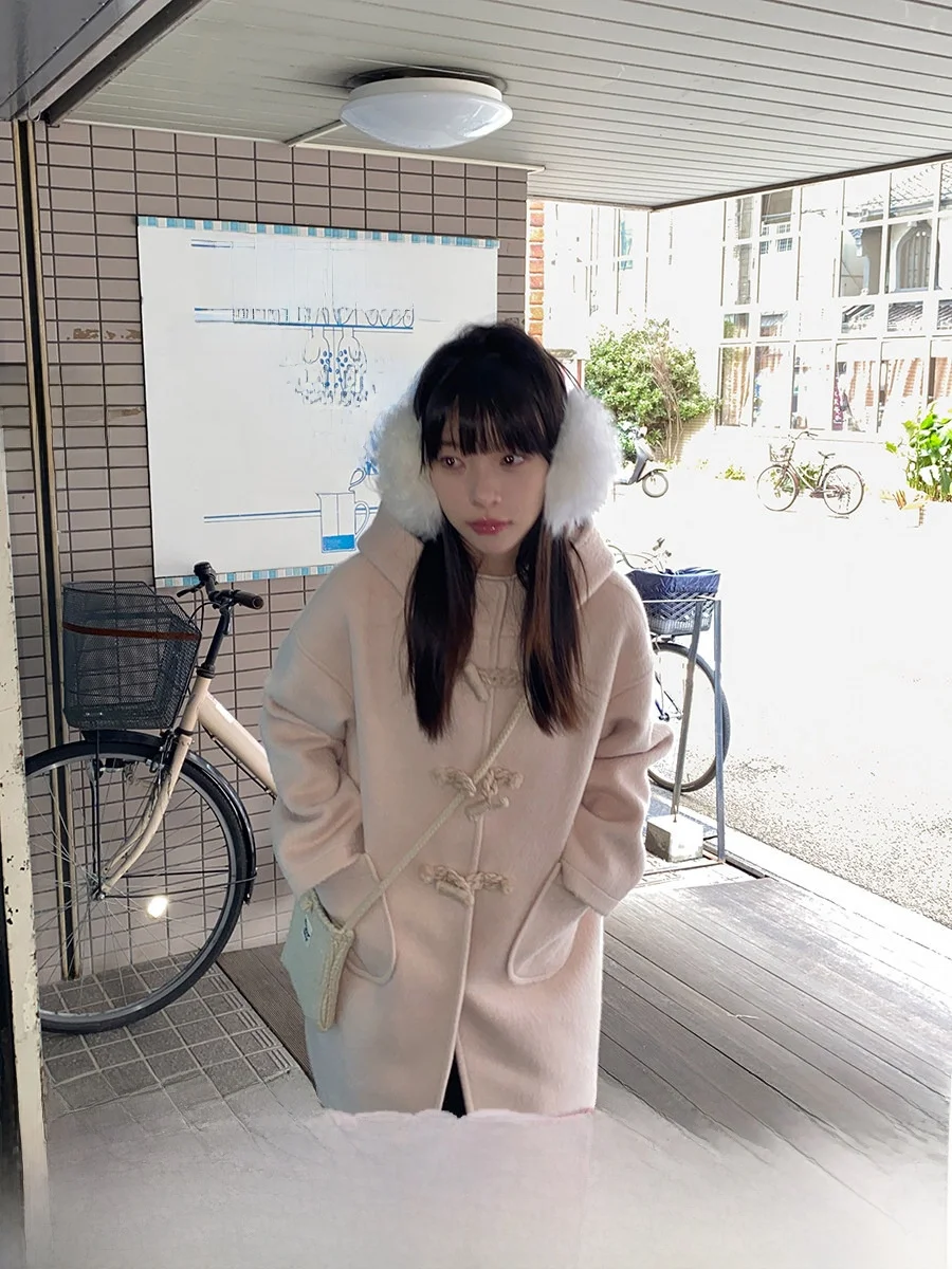 

Pink Hooded Woolen Coat Women's Thiened Cotton Lined Long Outerwear Sweet Sle Japanese Faion Milk Rabbit Brand