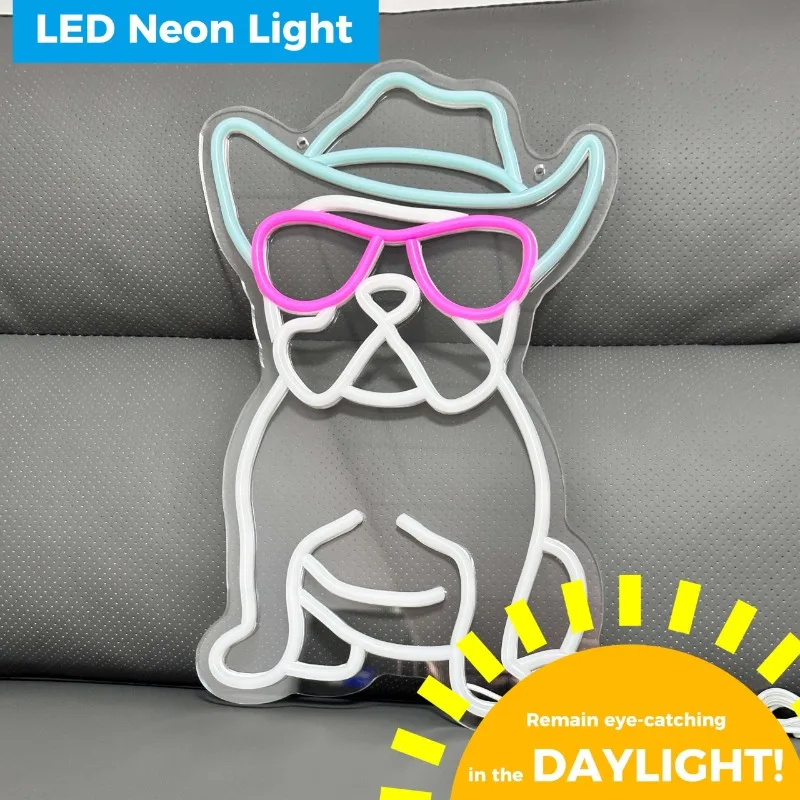 Koboi putih Bulldog Perancis tanda Neon untuk dinding Frenchie kacamata LED Aksesori Bulldog dekorasi Frenchie Bulldog 5V USB