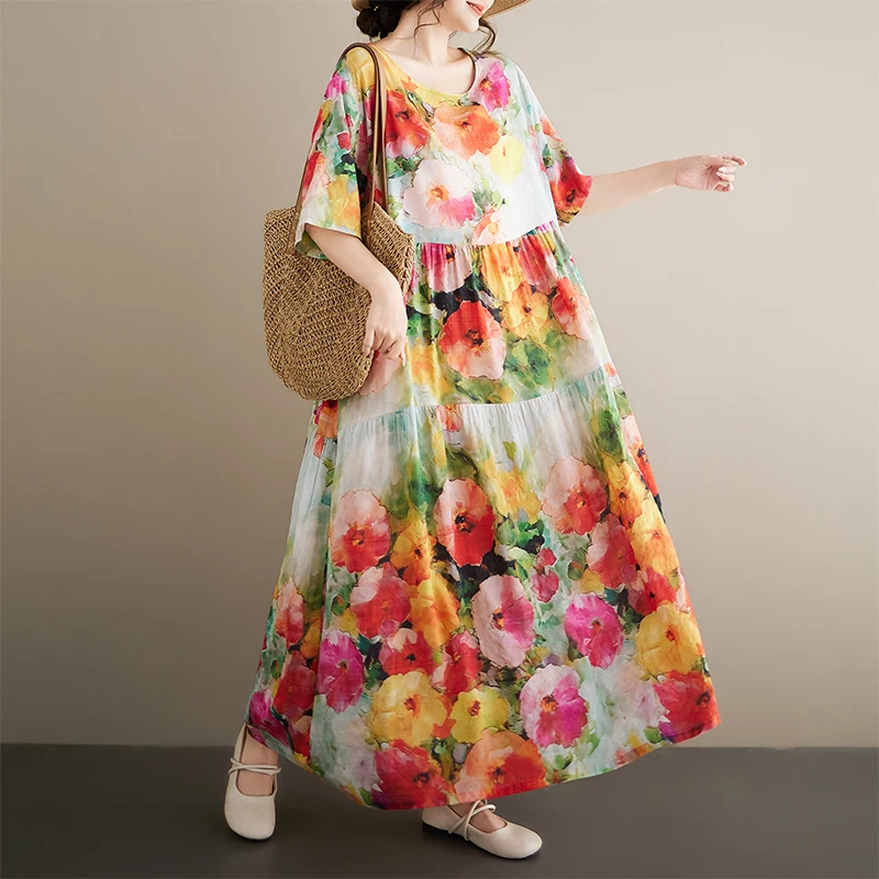

Loose Cotton Linen Women's Dress Bohemian Style round Neck Short Sleeve Midi Dress for Middle-Aged And Elderly Mothers