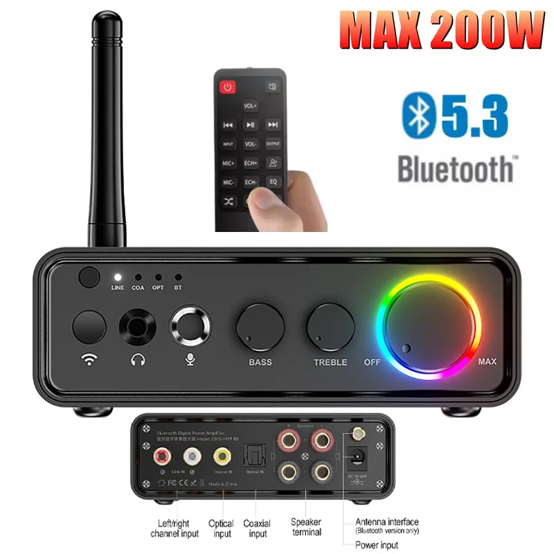 

2 Channel Bluetooth 5.3 Home Power Amplifier Mini Hifi Digital Stereo Sound Amplifier with RGB Lights RCA Input 100+100W Speaker