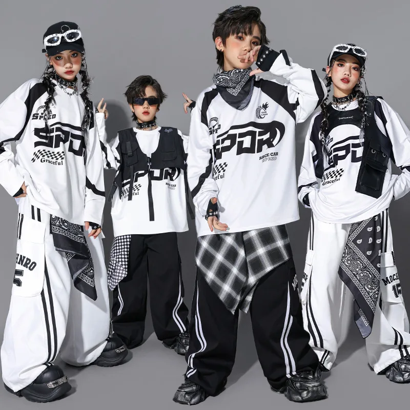 Children Hip Hop Costume Black White Dance Show Clothing Oversize Top Urban Dance Pants Girls Boys Fashion Jazz Outfit