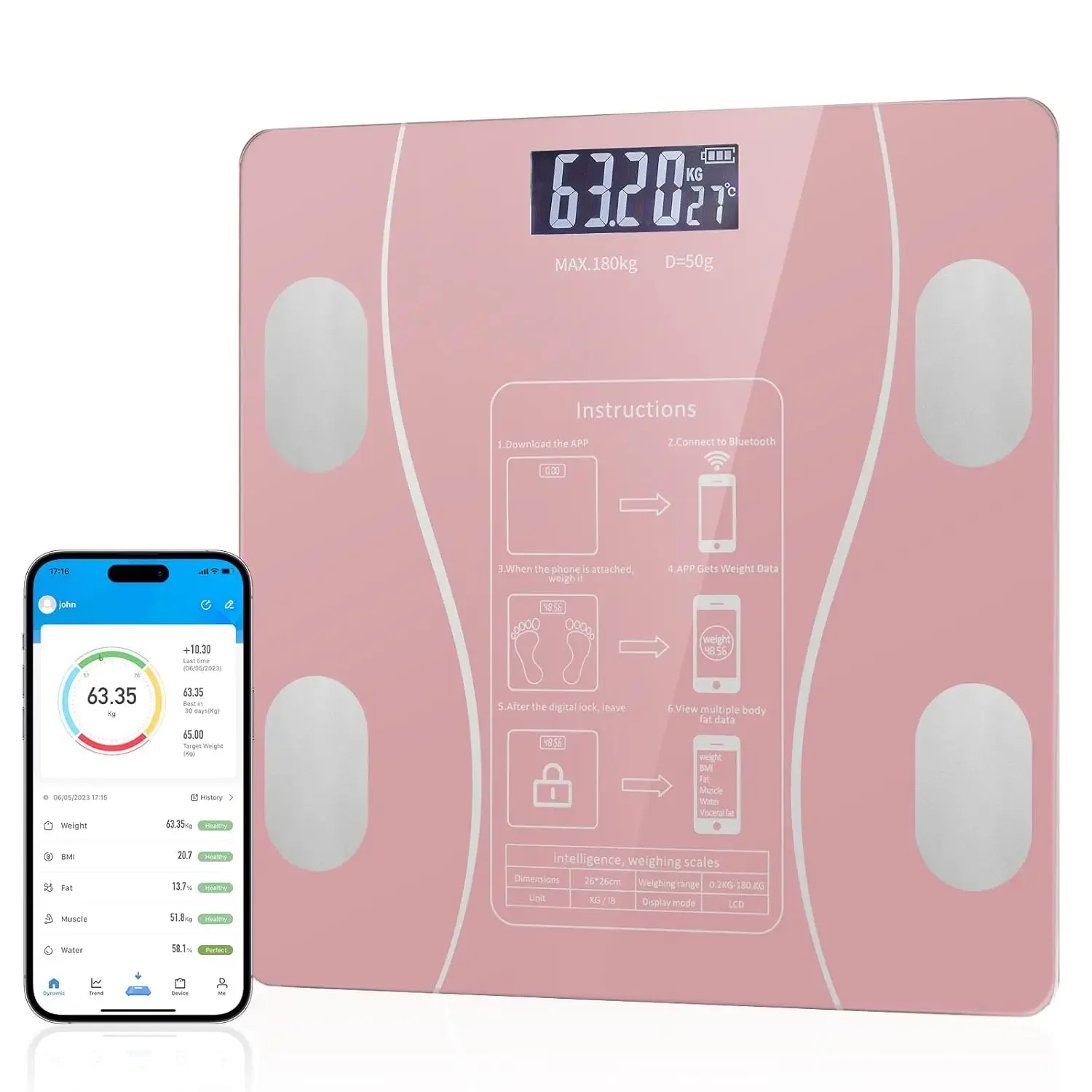 Digital Simple and Practical Body Fat Scale with Smartphone App, Bathroom Scale with Led Display, Provides Body