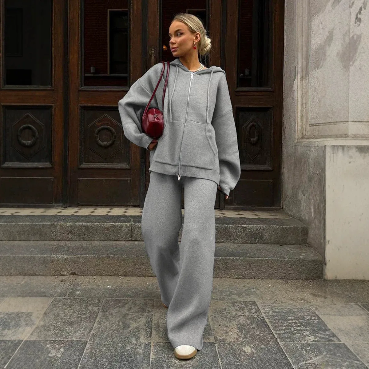 Lazy Style Zipper Knit Hooded Pants Set Autumn and Winter Women's Sports Style Thick Warm Diagonal Hook Design Jacket Pants 2Pcs