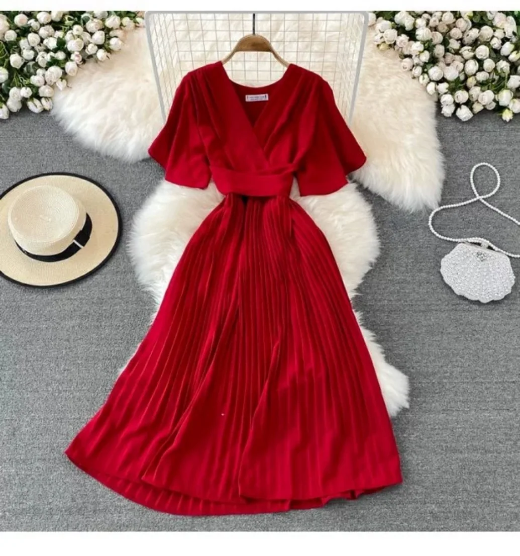 

New summer V-neck short-sleeved dress with knee-length, slim-fit, pleated, ladylike, waist-cinching,ash-tied, long skirt