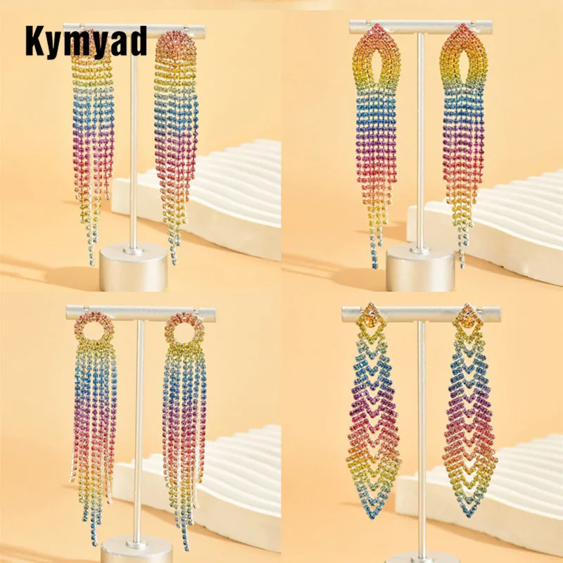 Kymyad Full Multicolor Crystal Women's earrings Long Tassel Chains Earrings Fashion Jewelry Shining Blingbling Ladies Earrings