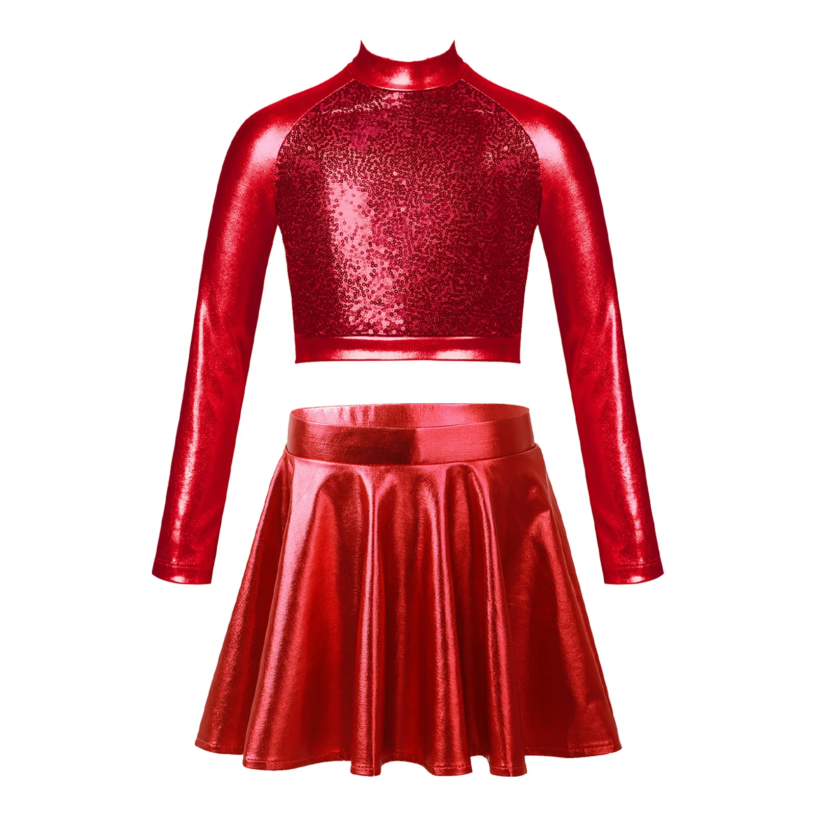 Kids Girls Glossy Metallic Dance Outfit Long Sleeve Sequin Crop Top Skating Short Skirt Suit for Figure Skating