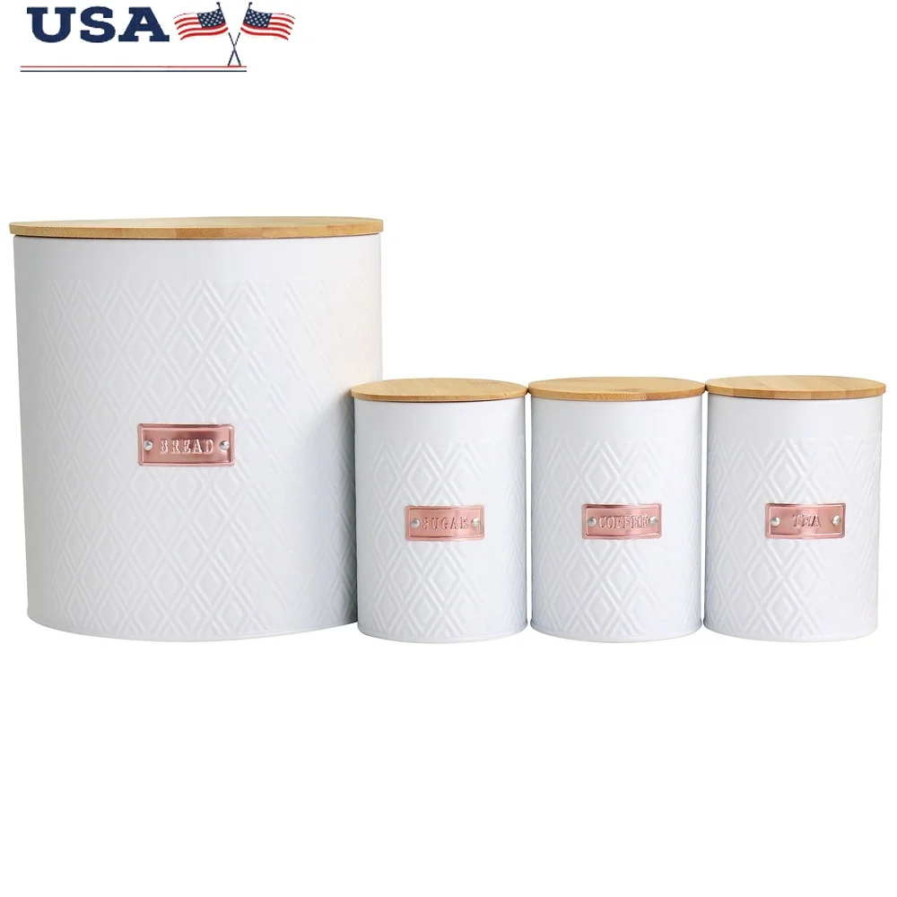 

4 Piece Iron Canister Set with Bamboo Lids Embossed Diamond Pattern Rose Gold Labels Airtight Food Storage Containers