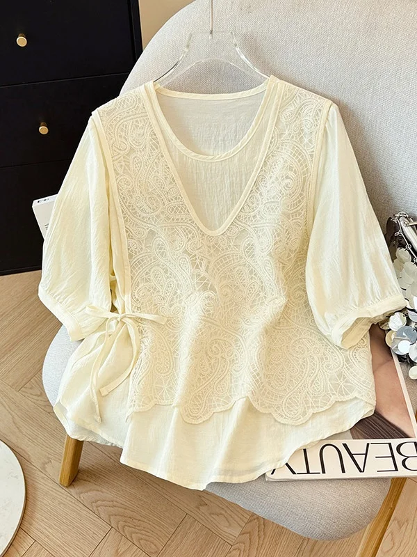 

Summer Fashion Large Size Women's Shirt Embroidered Lace Top Casual Loose Fit Breathable Skin-friendly Five-quarter Sleeve