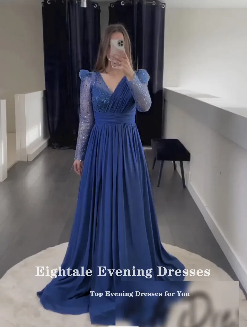 Eightale Evening Dress for Wedding Party V-Neck Long Sleeves Chiffon Blue Customized Sparkly Arabic Prom Gown vestido de noche