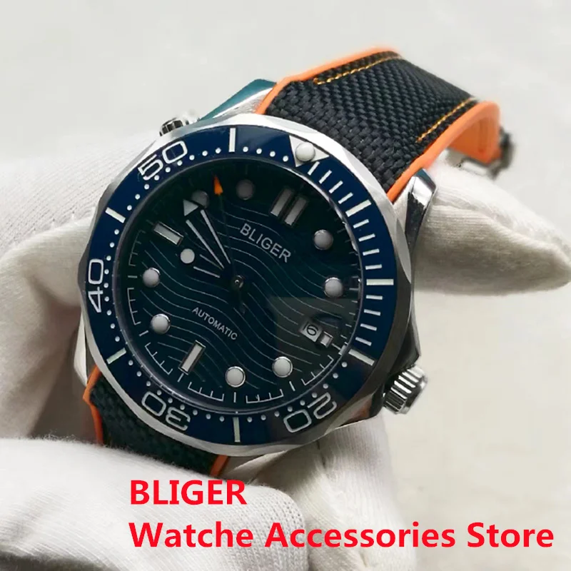 BLIGER 41mm Mechancial Men\'s WatchBlue Ceramic Bezel Blue Wave Dial Sapphire Glass NH35 MIYOTA PT5000 Movement Rubber Strap Date