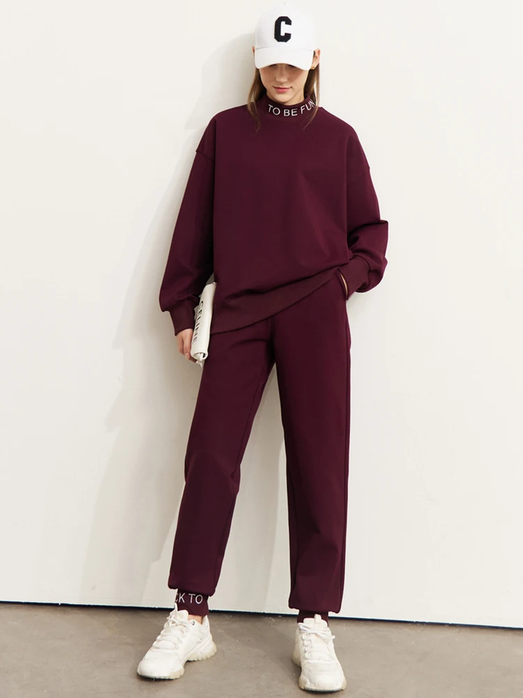 AMII Minimalism Women Sweatshirt Warm Winter Velvet Letter Embroidery Turtleneck Tops Pocket Pencil Pants Separately 12241086