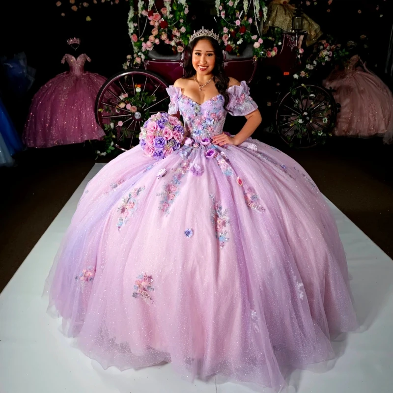 Pink Glitter Quinceanera Dresses Off Shoulder Ball Gown Sweet 16 Dress Applique Flower Beading Crystal Tull Party Birthday Vetid