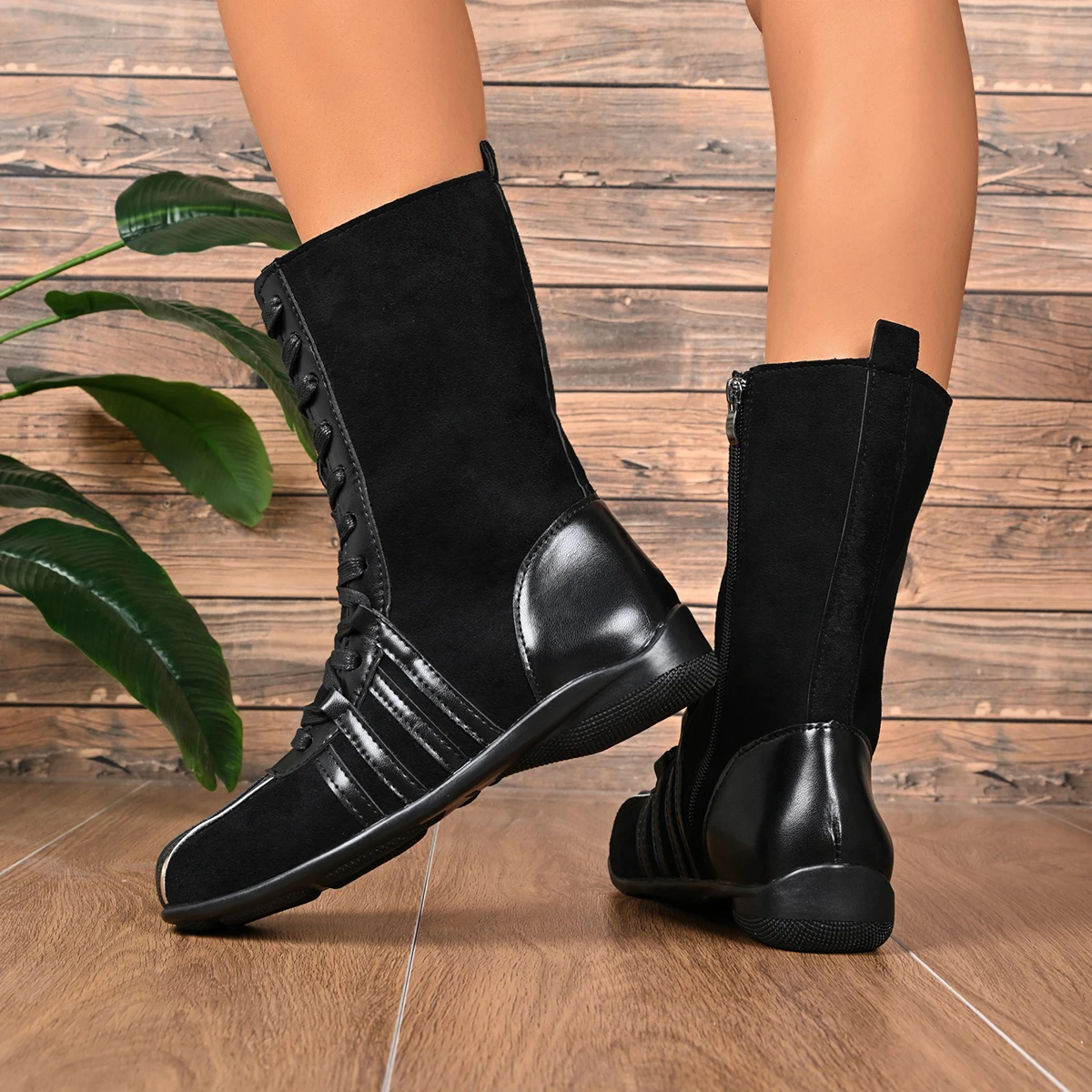 Low Heel Single Boots Autumn New Round Toe Spliced Front Lace-Up Side Zipper Anti-Slip Wear-Resistant Mid-Tumble Boots