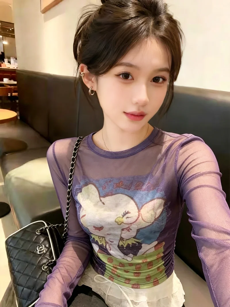 

Recommended Self-kept Advanced Cartoon Print Long Sleeve Mesh T-shirt Women's Summer Thin Sun Protection Cover up Top