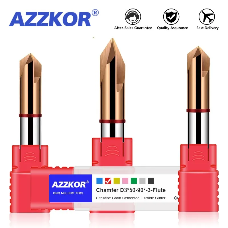 AZZKOR HRC55 60°90°120° 3-Blade Straight Groove Chamfering Milling Cutter Tungsten Steel Carbide For CNC Machining Endmill Tools