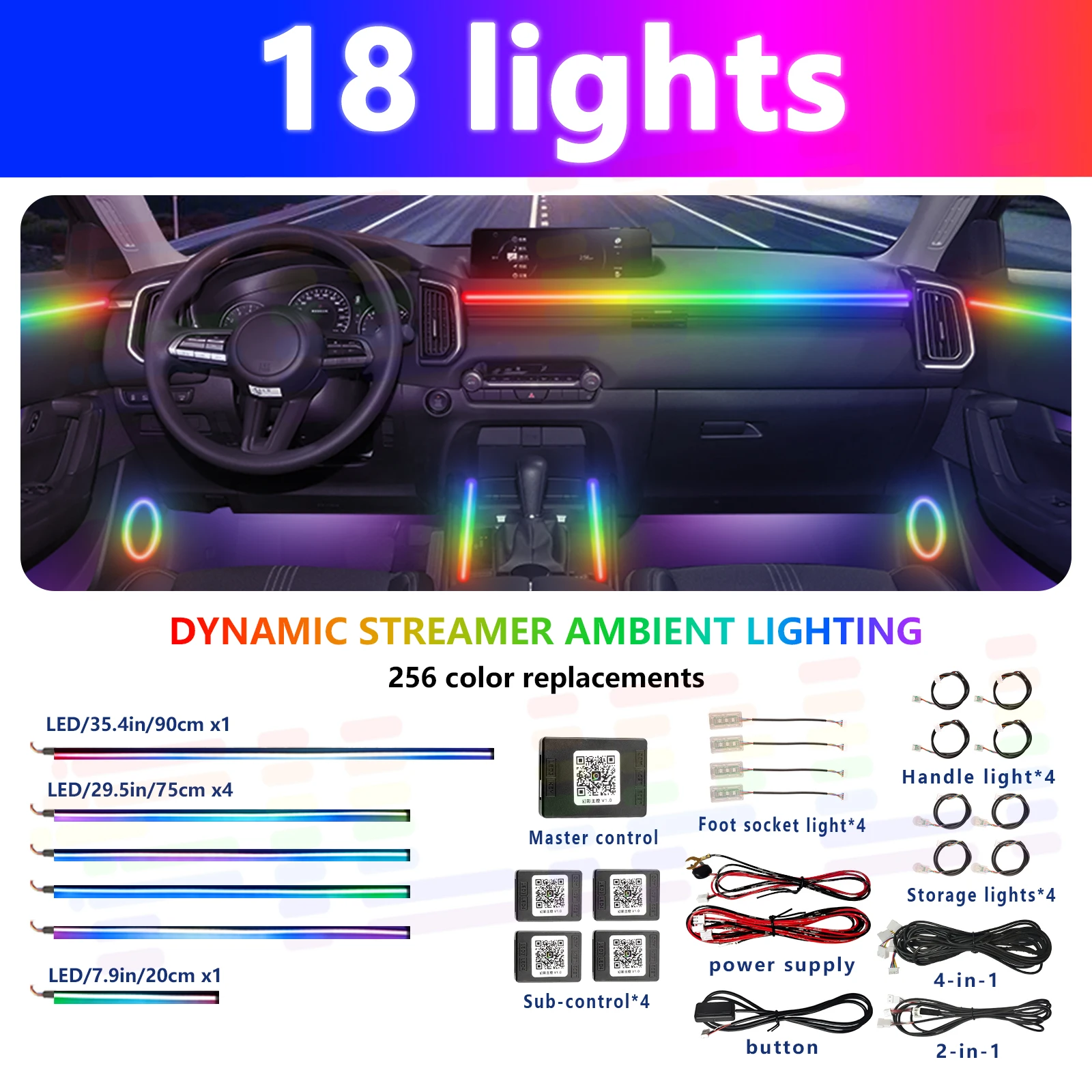 

6/18 в 1, светодиодный акриловый автомобильный окружающий свет, RGB, 64 цвета, симфония, приложение, управление атмосферой, украшение