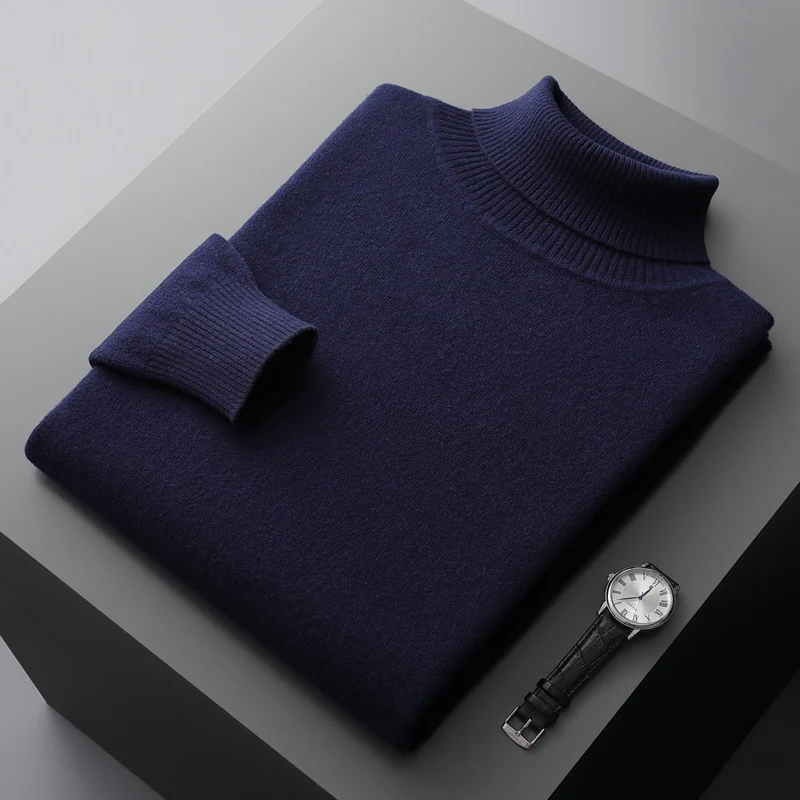 100% Merino Wool Sweater Men\'s Turtleneck Thickened Tops Autumn Winter New Soft Warm Casual Solid Color Knitted Pullover