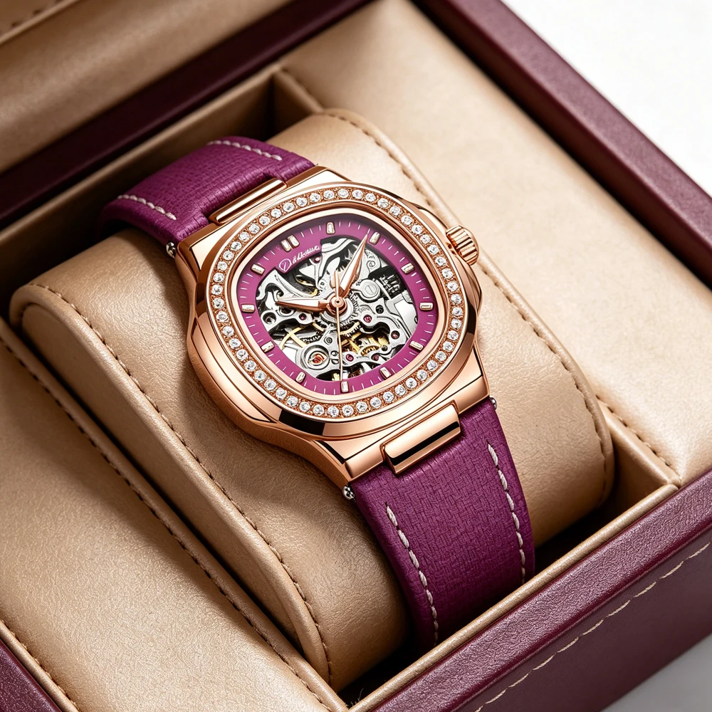 NEW Top Brand Purple Women's Watches Elegant Fashion Hollow Out Automatic Mechanical Watch for Lady Waterproof Leather Strap