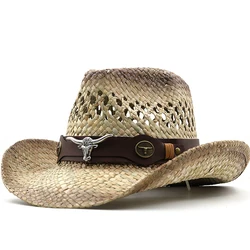 New Women Western Cowboy Hat Natural Straw Handmade Weave Decorative Felt Hat Beach Seaside Camping Fashion Men Jazz Hat