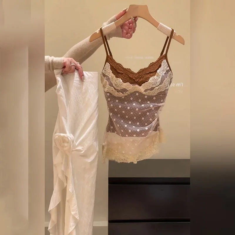 Retro Top na ramiączkach z koronką w grochy, damski, letni, nowy styl, bez rękawów, odzież wierzchnia, seksowny top do noszenia pod spód, top na ramiączkach z koronkowym wykończeniem.