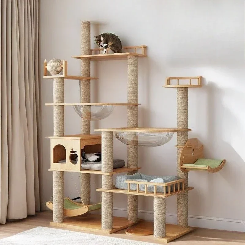 

Large solid wood cat climbing frame integrated four seasons sky big cat large scratching board space capsule fat cat toy