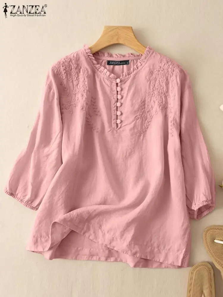 ZANZEA Summer  Vintage Women Embroidery Tops Cotton Chemsie Fashion OL Work Shirt Blusas Femme Causal O Neck 3/4 Sleeve Blouse