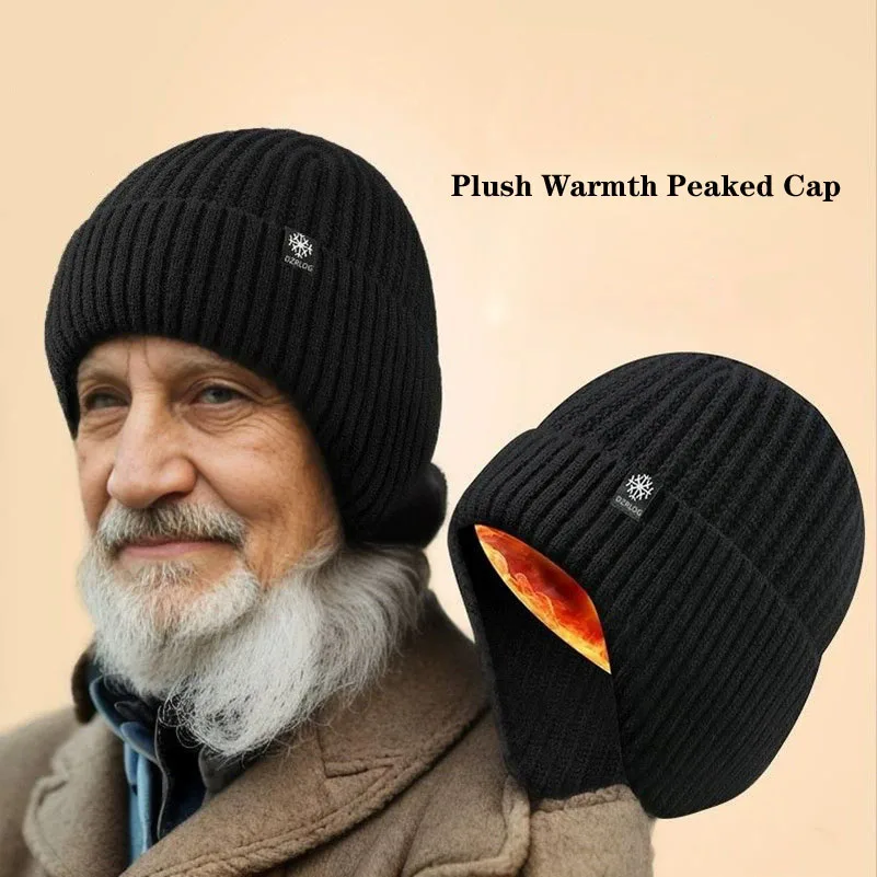 Men Winter Knitted Hat Plush Fur Lined Warmth Peaked Cap Outdoor Ear Protector Warm Thermal Cycling Ski Beanie Cap