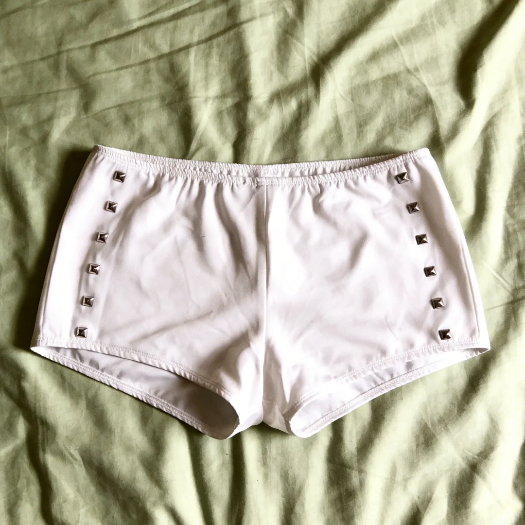 Women's Edgy Beach Bottoms White Embellished Metal Rivet Detail Elastic Waist High Waist Swim Shorts 2026