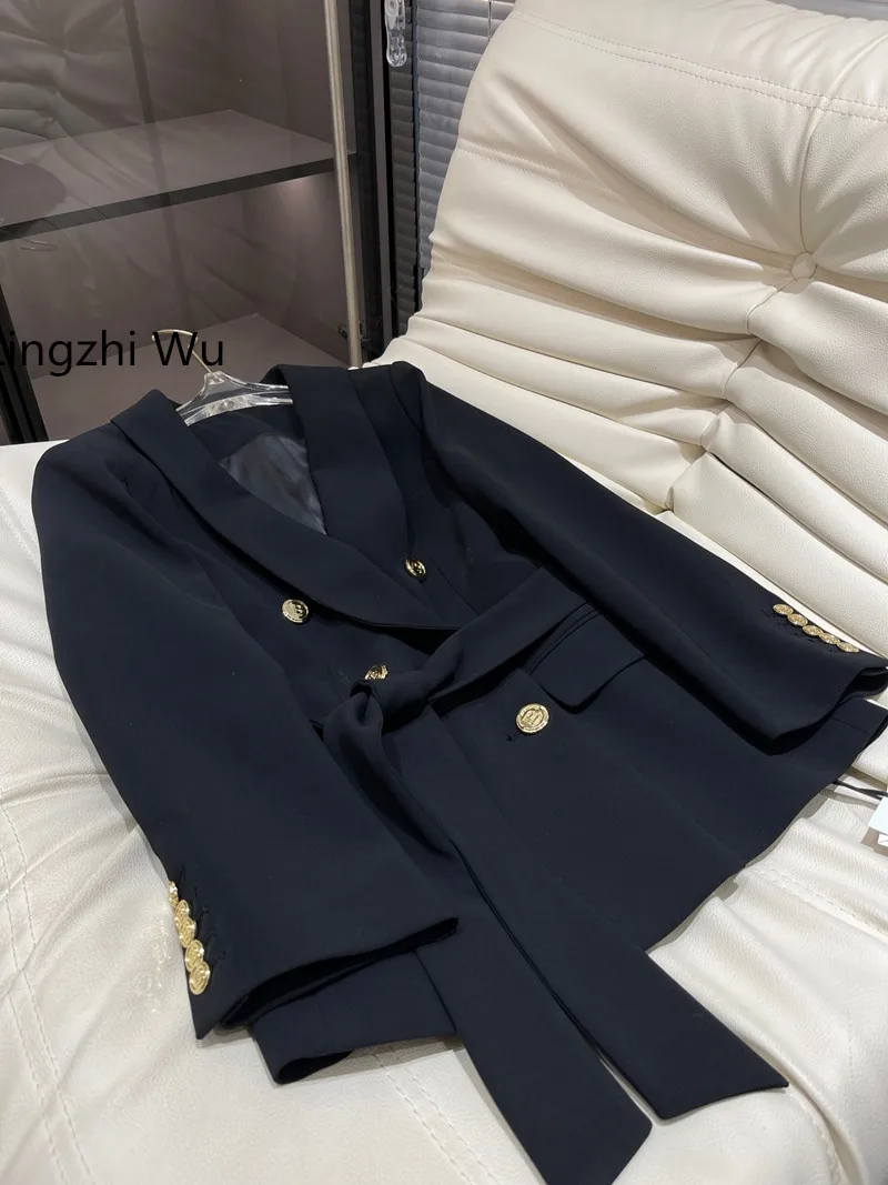 

Lingzhi Wu Black Blazer French Vintage British Double Breasted Belt Elegant Top Quality Outerwear Female Autumn Winter NewArrive