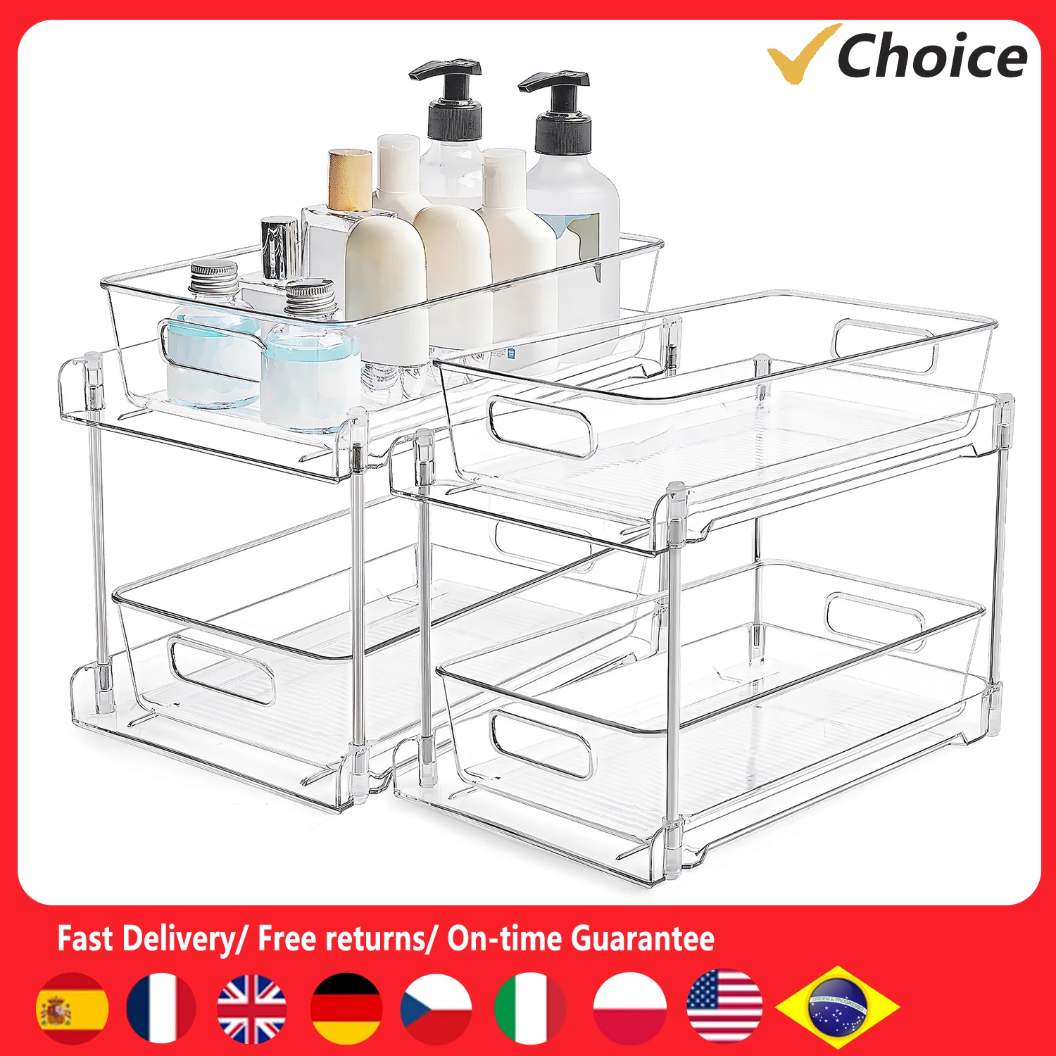 

2 Pack Double Tier Clear Plastic Drawer Organizer Under Sink Sliding Drawers with Tray Multifunctional Storage Rack Drying Rack