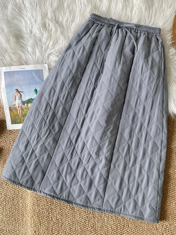 Warm Thickened High Waist Cotton Half Skirt for Women City Commuting A-Line Midi Skirt Simple Pure Color Diamond Grid Design